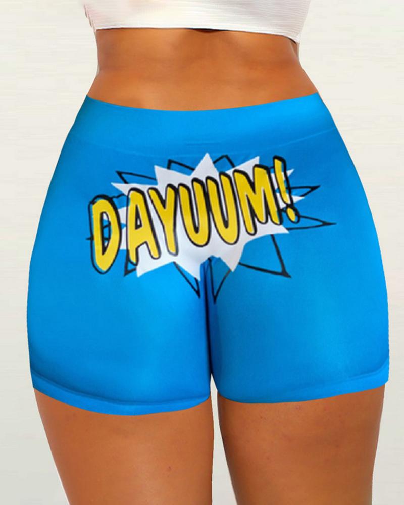 

Letter Print High Waist Casual Shorts, Blue