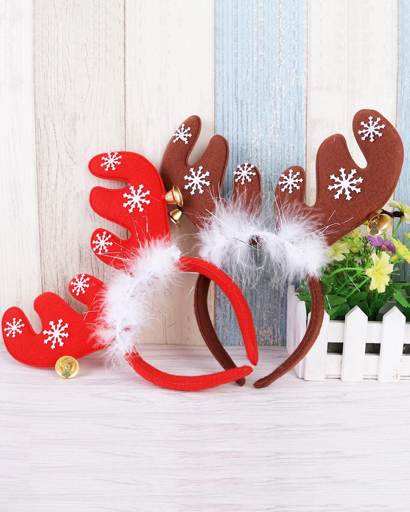 

1pc Christmas Feather Jingle Bell Decor Antler Headband, Red