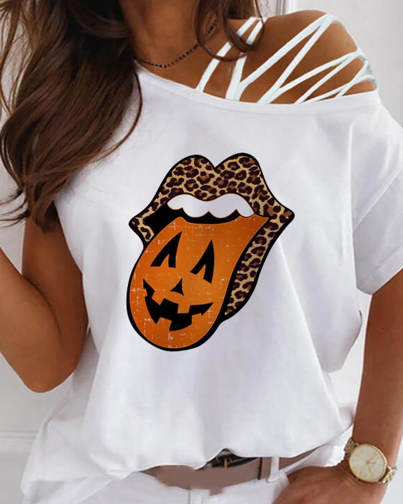 

Halloween Cheetah Lip Print Short Sleeve Top, White