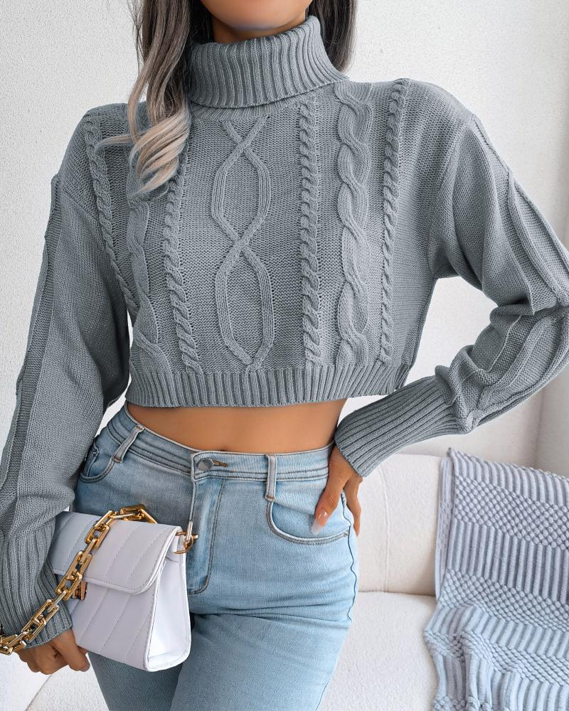 

High Neck Crop Cable Knit Sweater, Gray