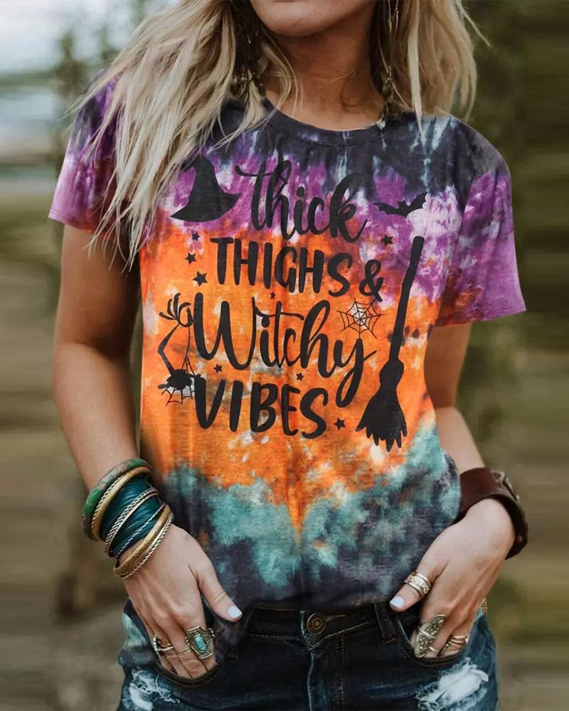 

Halloween Graphic Letter Tie Dye Print Casual T-shirt, Multicolor
