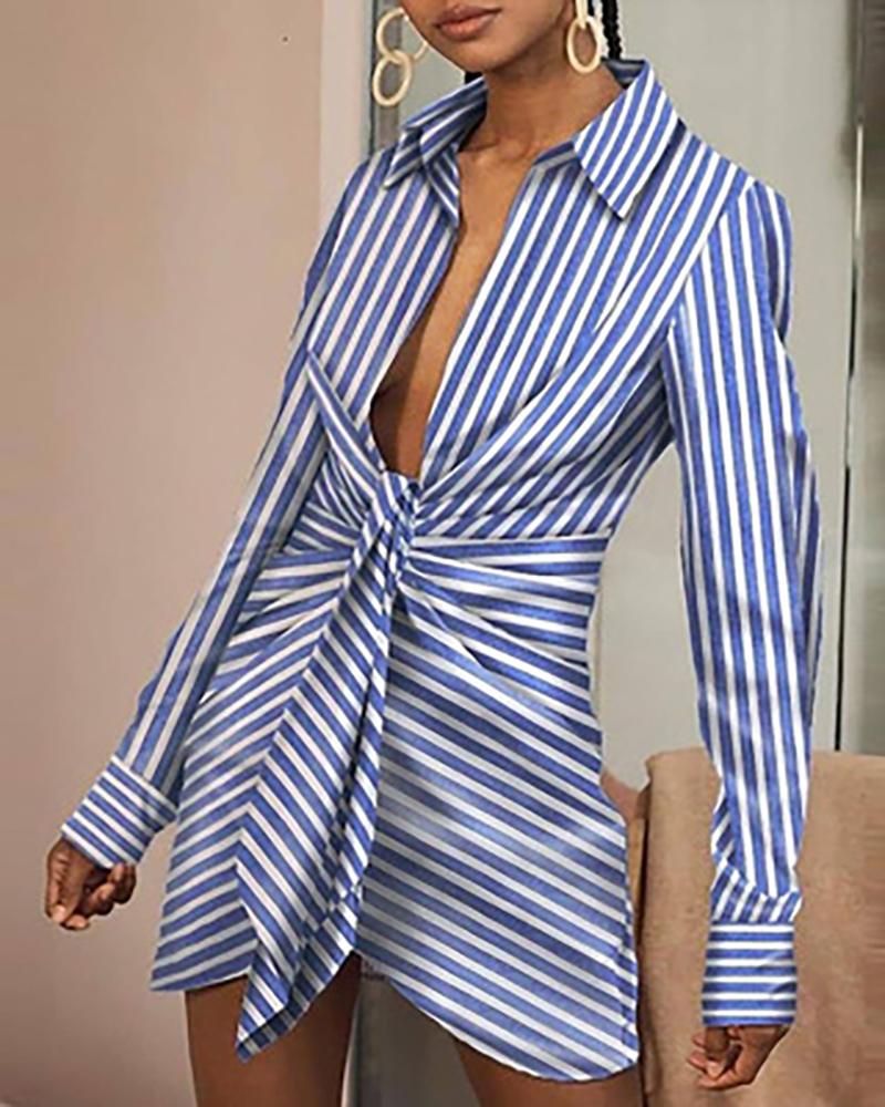 

Striped Tie Front Ruched Long Sleeve Shirt Dress, Style2