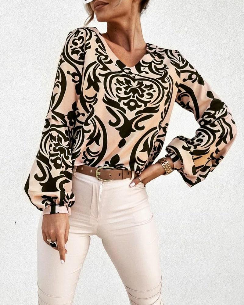 

Baroque Print Lantern Sleeve Top, Khaki