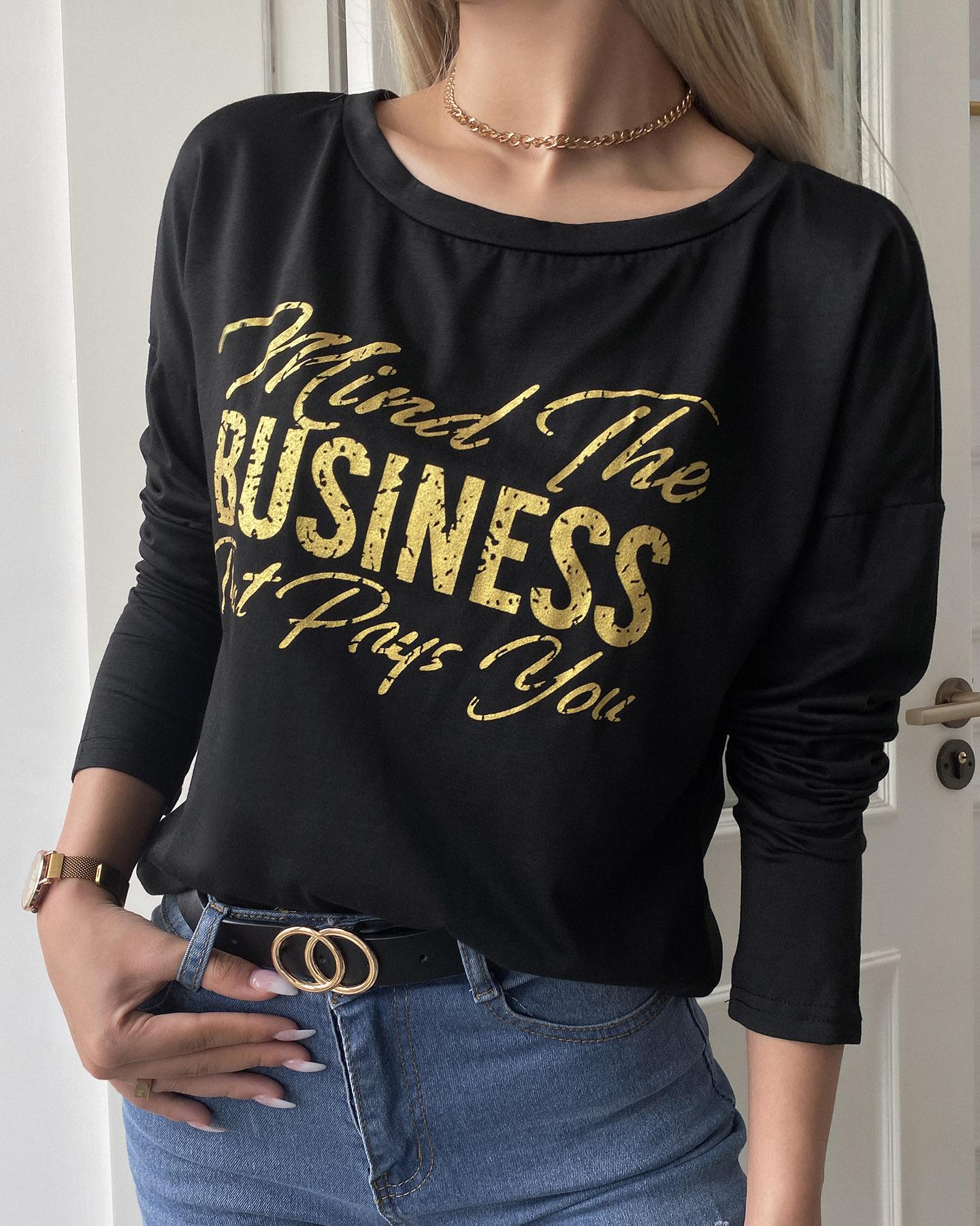 

Letter Print Round Neck Long Sleeve T-shirt, Black
