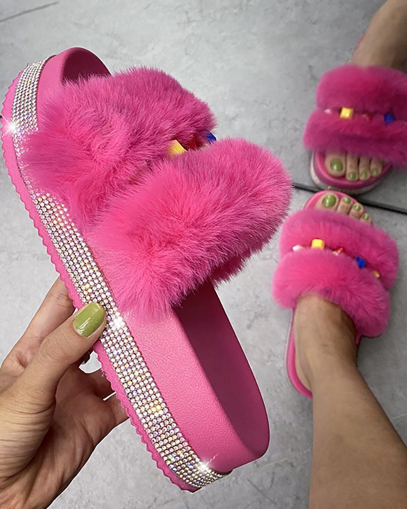 

Rhinestone Decor Studded Platform Fluffy Slipper, Pink