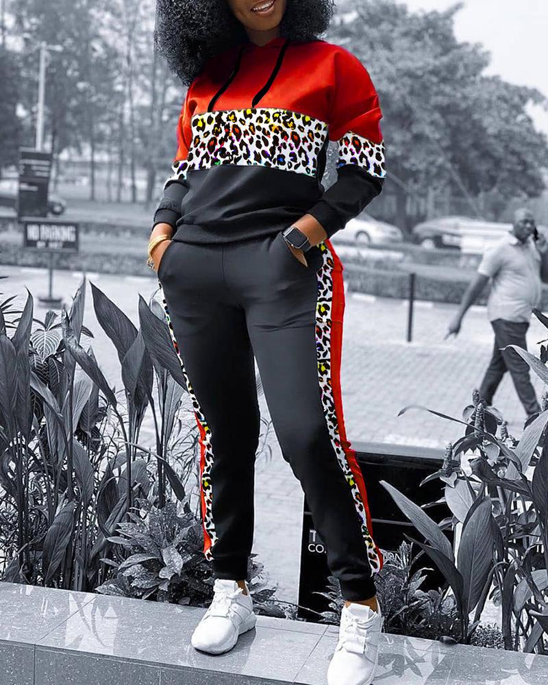 

Cheetah Print Long Sleeve Hooded Top & Pocket Design Pants Set, Red