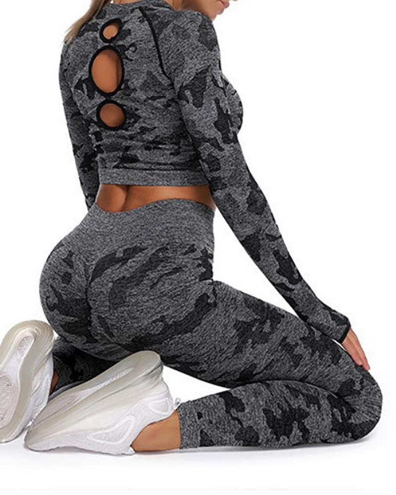 

Camouflage Pattern Cutout Long Sleeve Sporty Top, Black
