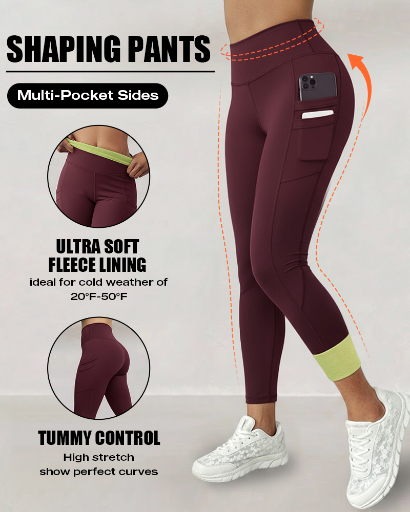 

Leggings d'entraînement taille haute pour 'hiver, pantalons de yoga ultra doux, doublés thermiquement, contrôle du ventre, poches fendues superposées sur le côté, Wine red