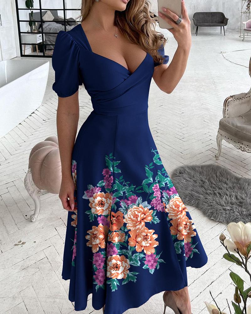 

Floral Print V-Neck Zipper Slit Backless Dress, Purplish blue
