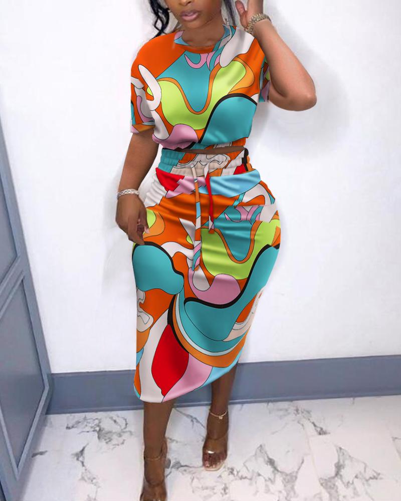 

Colorblock Print Crop Top & Split Back Skirt Set, Multicolor