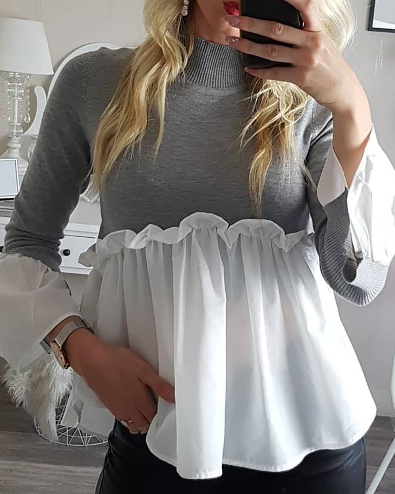 

Frill Hem Colorblock Long Sleeve Top, Gray