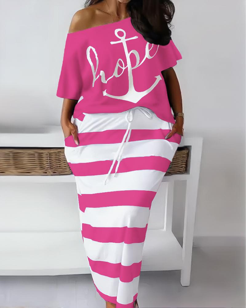 

Plus Size Anchor Letter Print Top & Striped Skirt Set, Hot pink