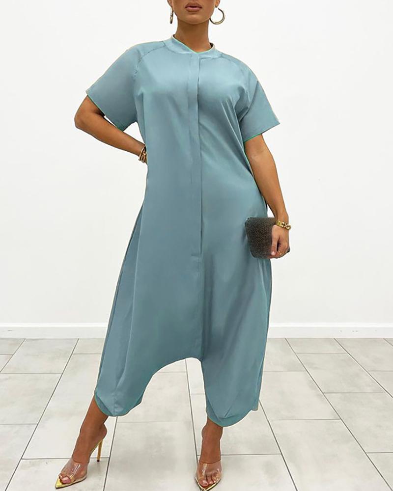

O Neck Short Sleeve Casual Harem Jumpsuit, Blue