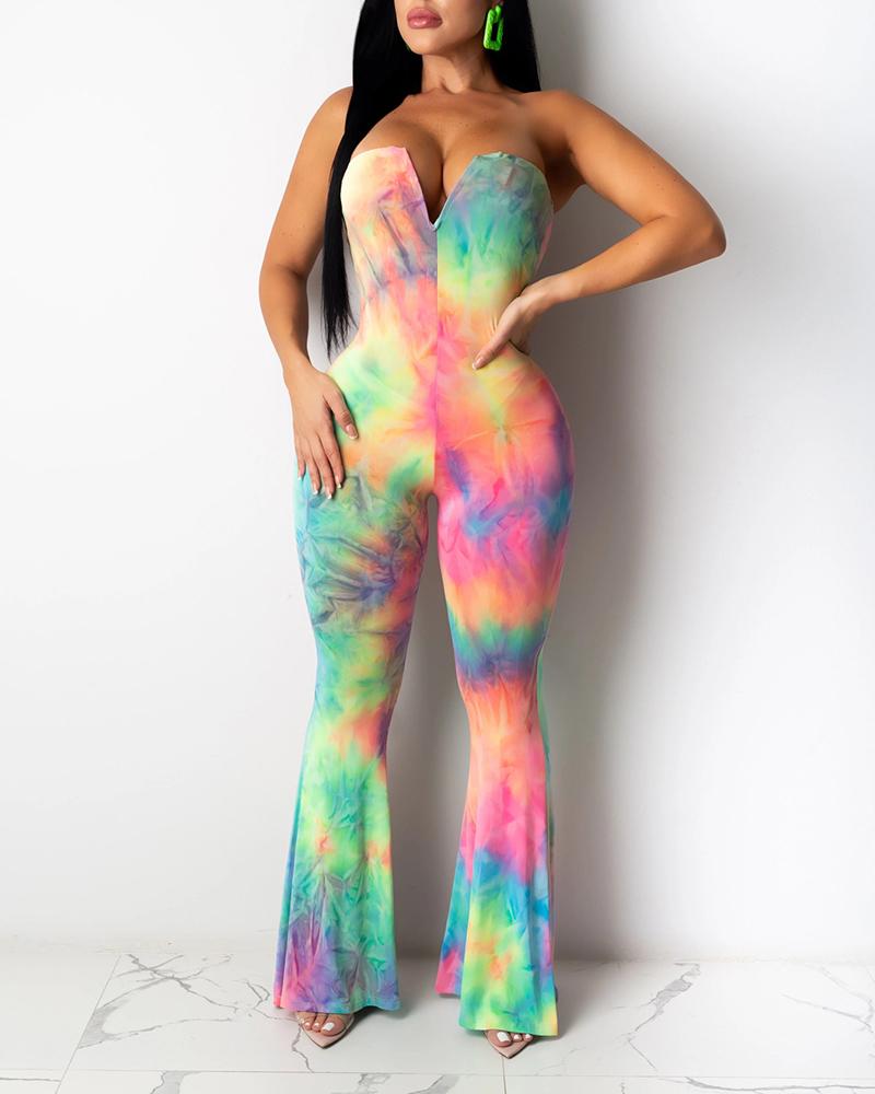 

Tie Dye Print Bandeau Bell Bottom Jumpsuit, Multicolor