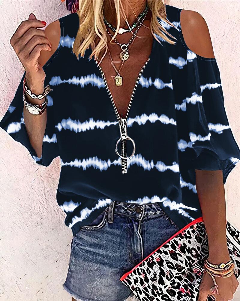 

Tie Dye Print Zip Front Cold Shoulder Top, Black