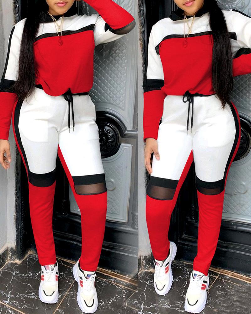 

Colorblock Top & Sheer Mesh Drawstrign Pants Set, Red