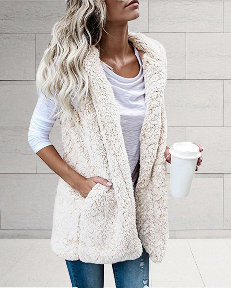 Pocket Detail Fluffy Fleece Hooded Teddy Vest Coat