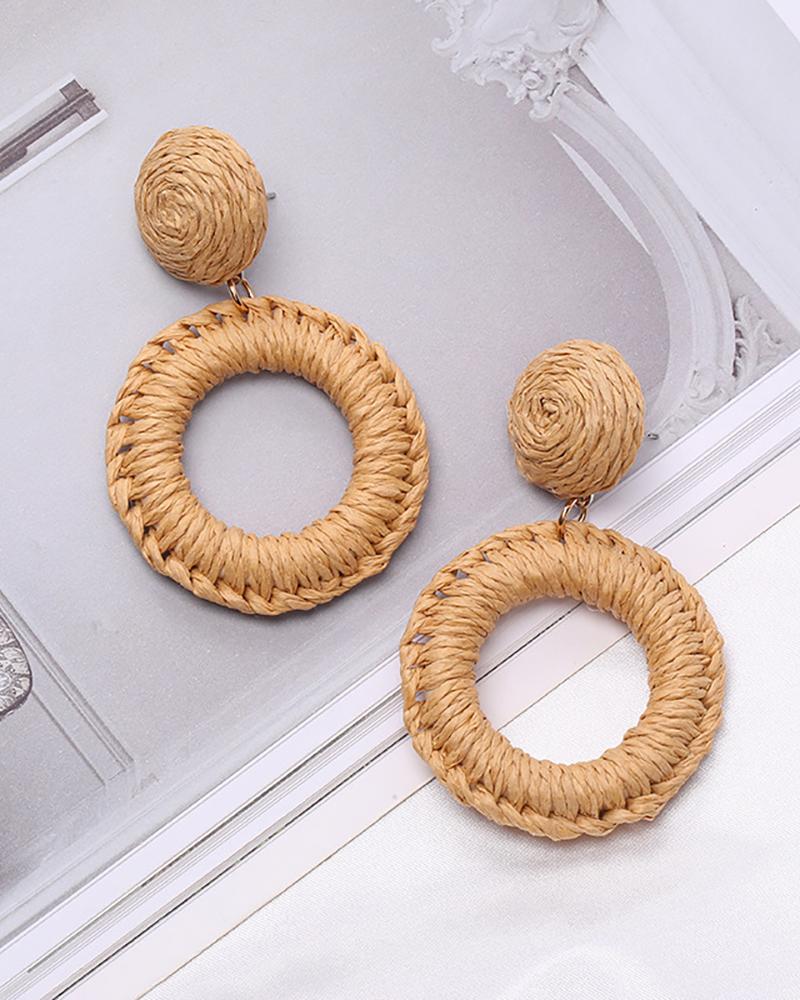 

1Pair Straw Hoop Drop Rattan Earrings, Brown