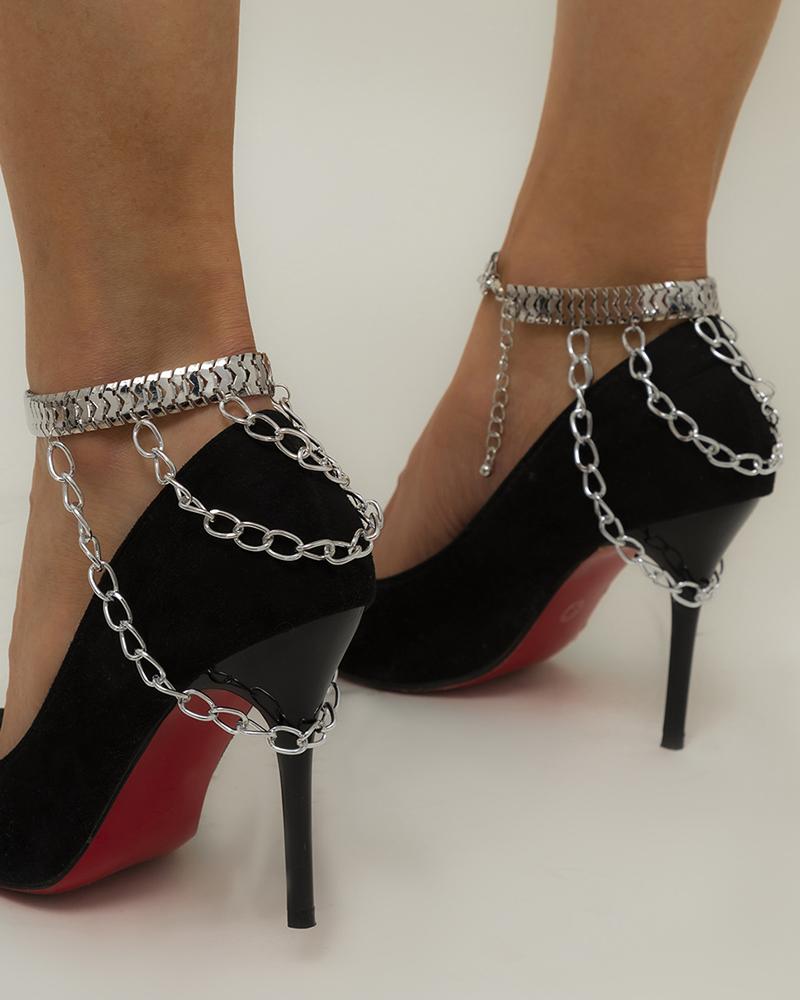 

Snake Chain Decor Layered Anklet, Silver