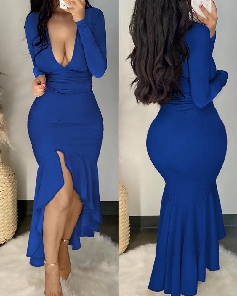 

Long Sleeve Deep V-Neck Mermaid Dress, Blue