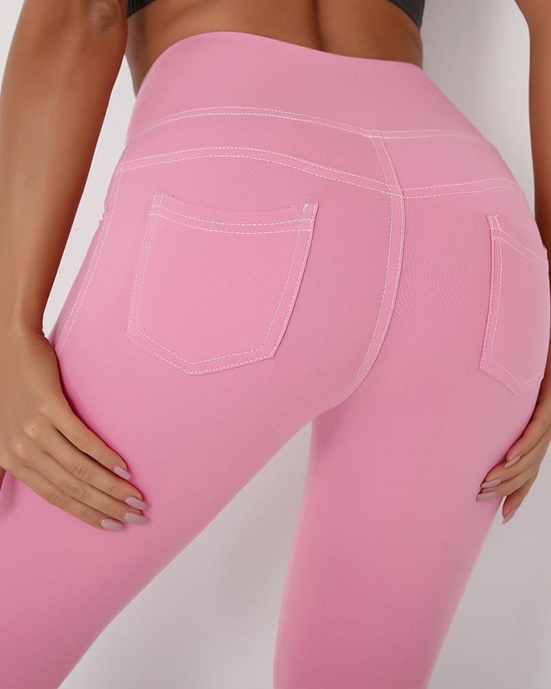 

Pocket Design High Waist Seamless Leggings Butt Lift Stretchy Yoga Pants, Pink