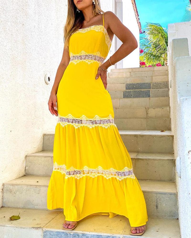 

Eyelash Lace Patch Spaghetti Strap Maxi Dress, Yellow