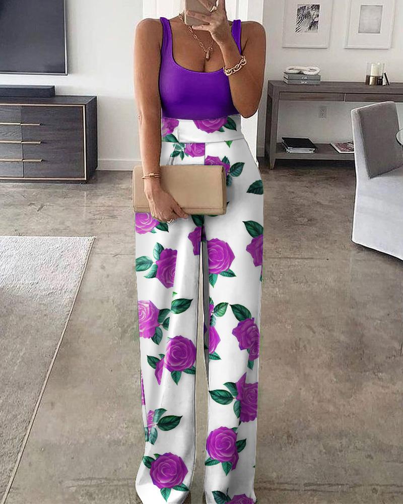 

Plain U-neck Top & Floral Print Pants Patchwork Jumpsuit, Purple
