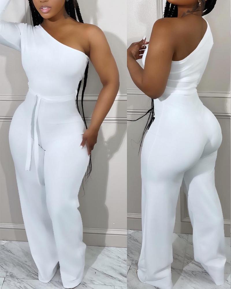 

One Shoulder Long Sleeve Jumpsuit, White