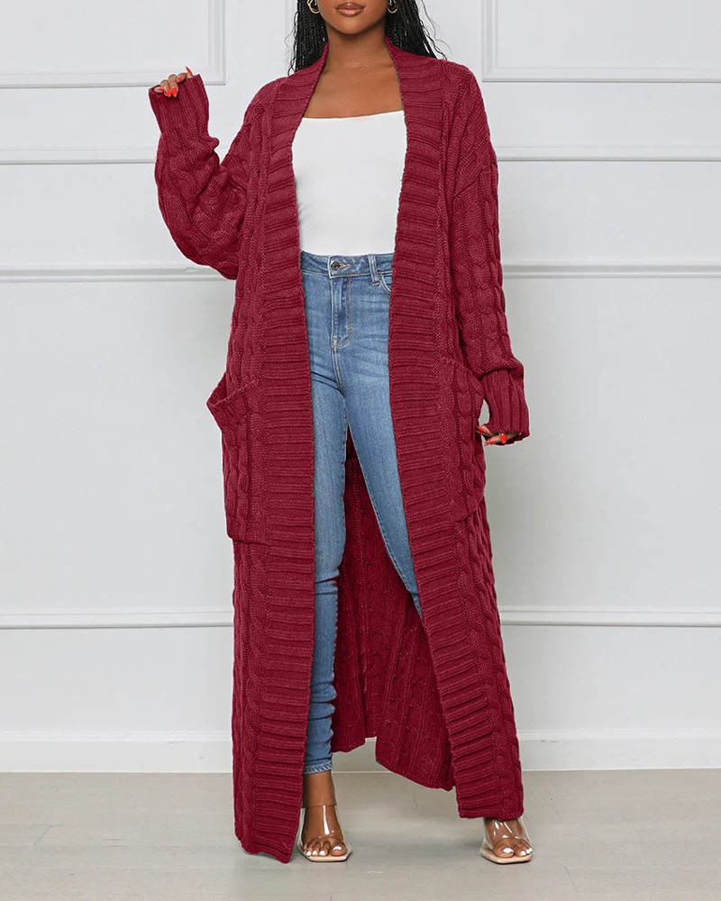 

Long Sleeve Cable Knit Longline Cardigan Open Front Sweater with Pockets, Wine red