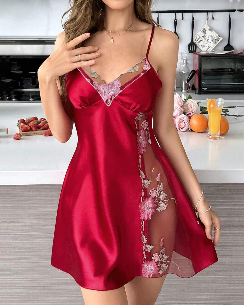 

Satin Floral Embroidery Mesh Patchwork V-Neck Spaghetti Strap Mini Nightgown Sexy Babydoll, Red