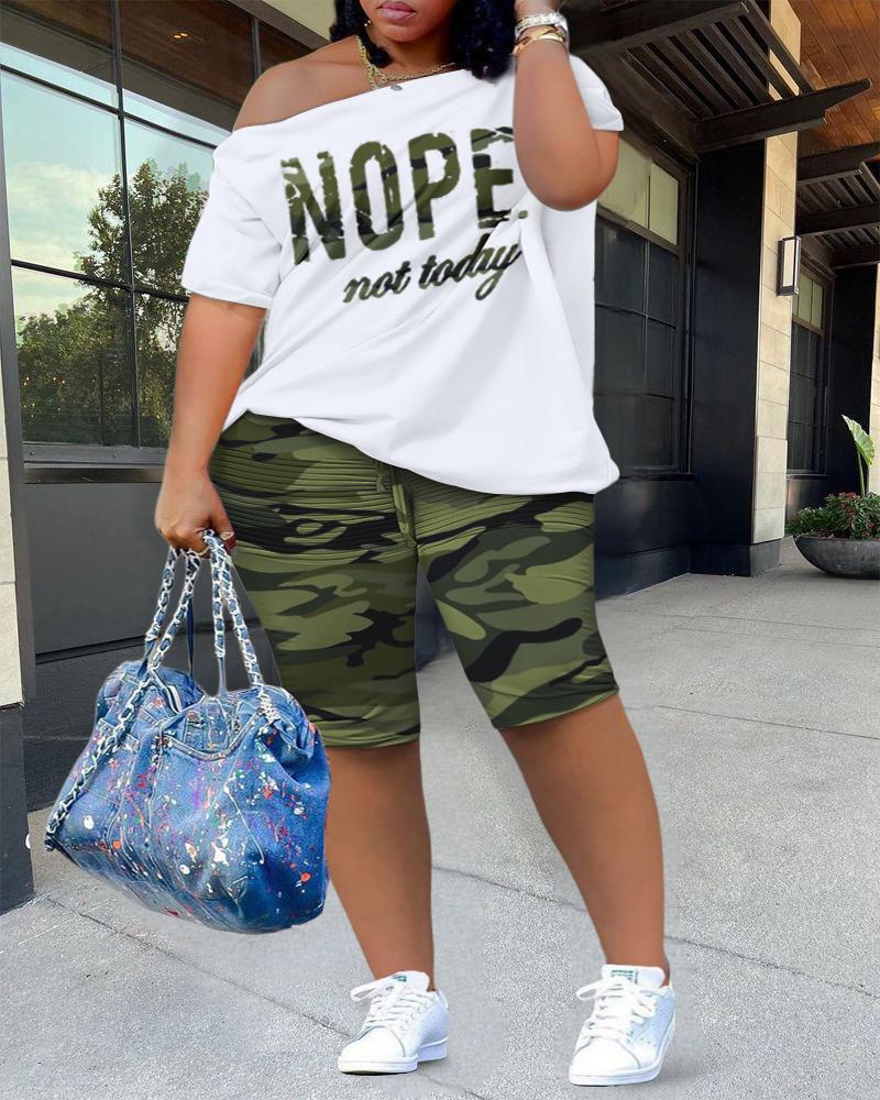 

Plus Size Nope Not Today Camouflage Print Skew Neck Top & Shorts Set, Camoflage