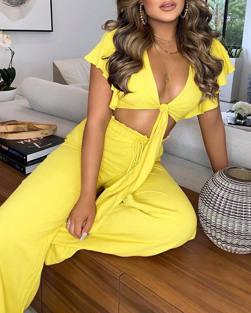 

Ruffles Tie Front Crop Top & Frill Hem Pants Set, Yellow