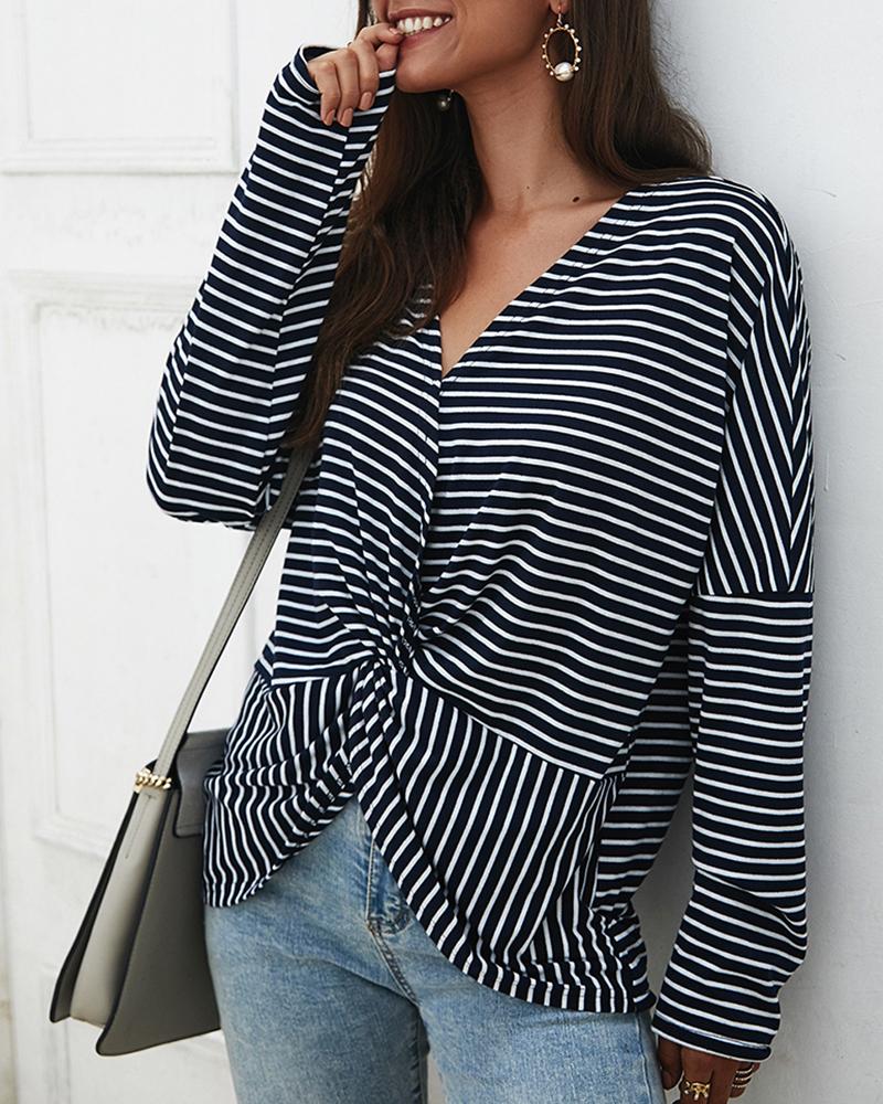 

Long Sleeve Twisted Front Striped Print Top, Blue