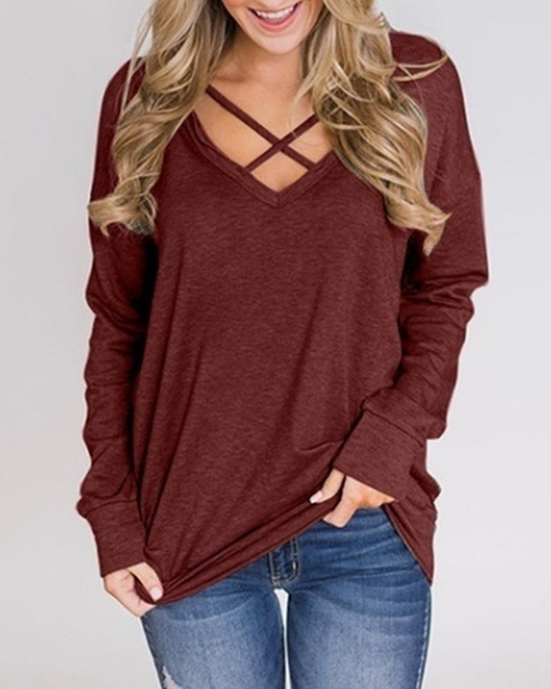 

V Neck Long Sleeve Crisscross Front Top, Wine red