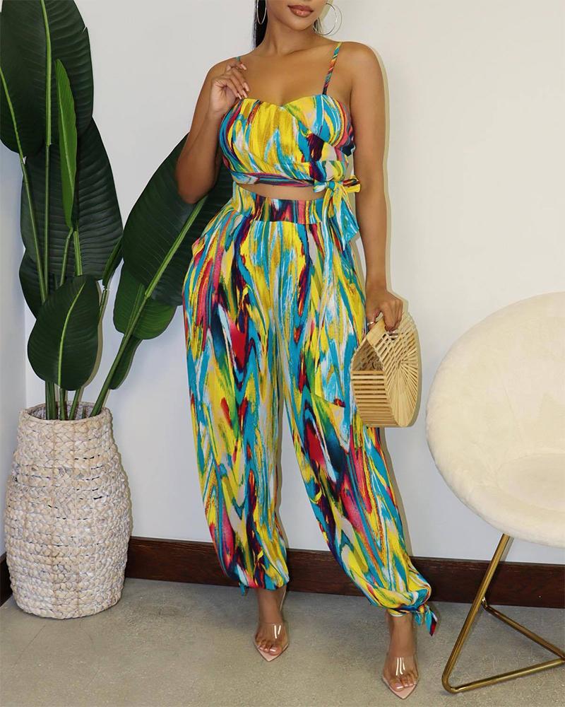 

Tie Dye Print Crop Top & Harem High Waist Pants Set, Yellow