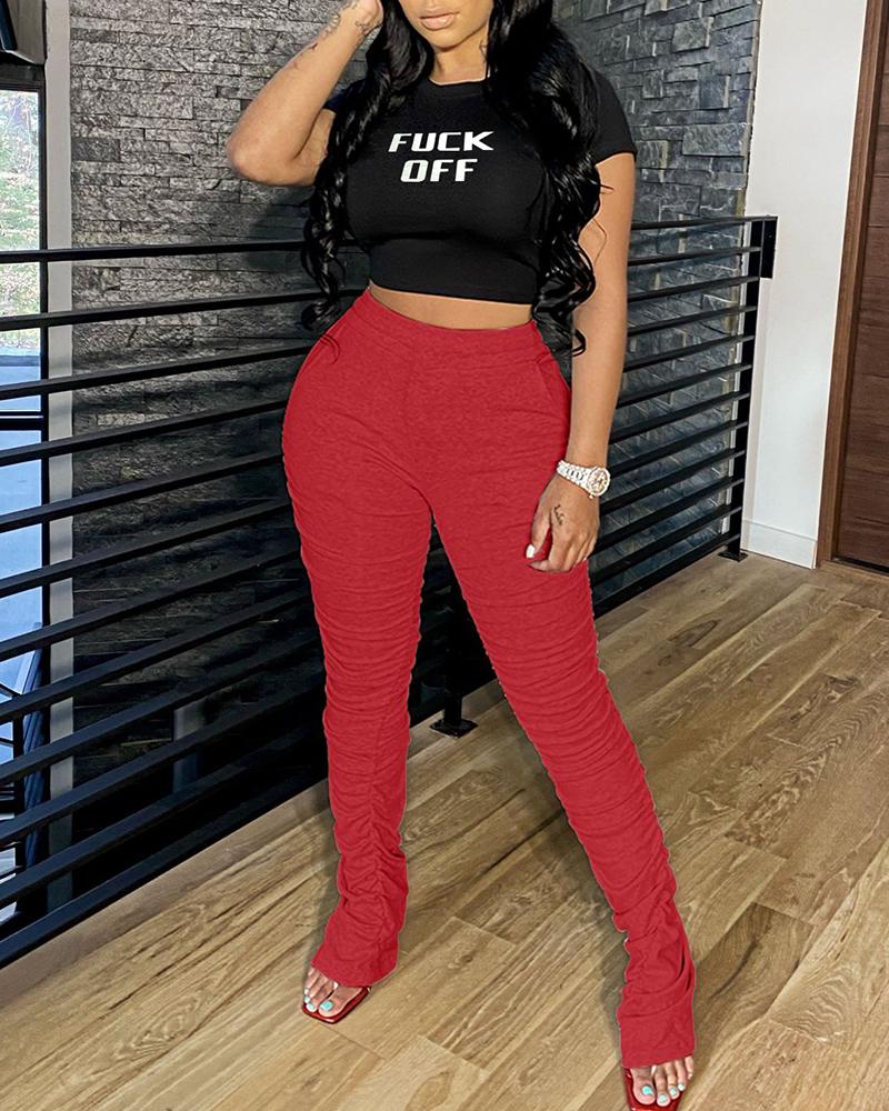 

Letter Print Short Sleeve Top & Pants Set, Red