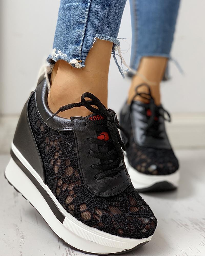 

Lace Splicing Muffin Casual Sneakers, Black