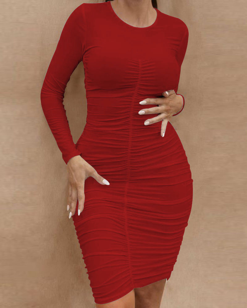 

Long Sleeve Ruched Bodycon Dress, Wine red