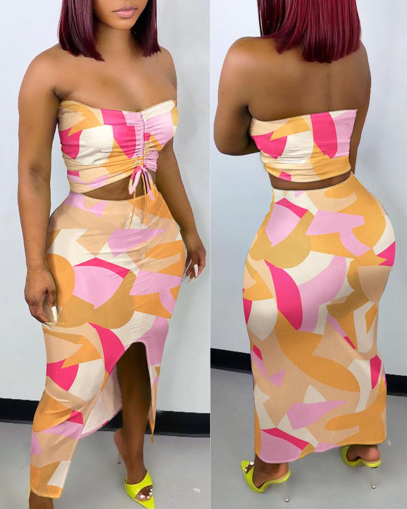 

Allover Print Drawstring Crop Tube Top & Skirt Set, Multicolor