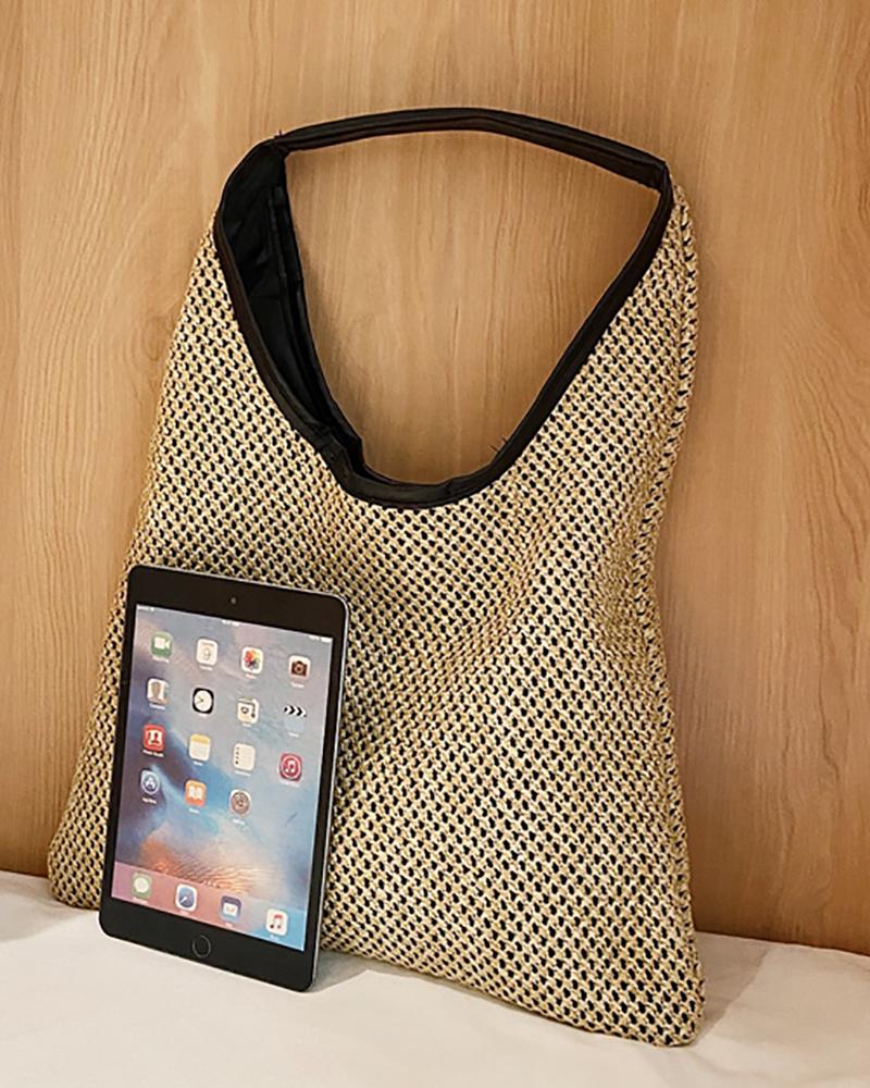 

Contrast Binding Straw Bag, Beige