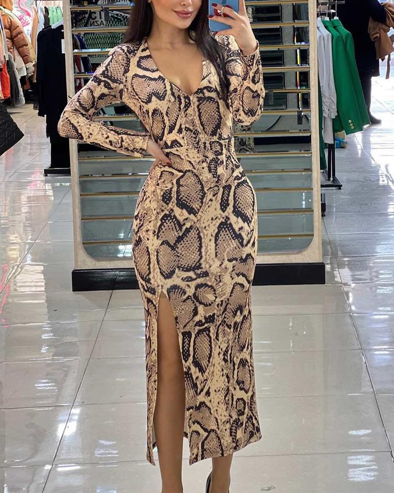 

Snakeskin Print Long Sleeve High Slit Dress