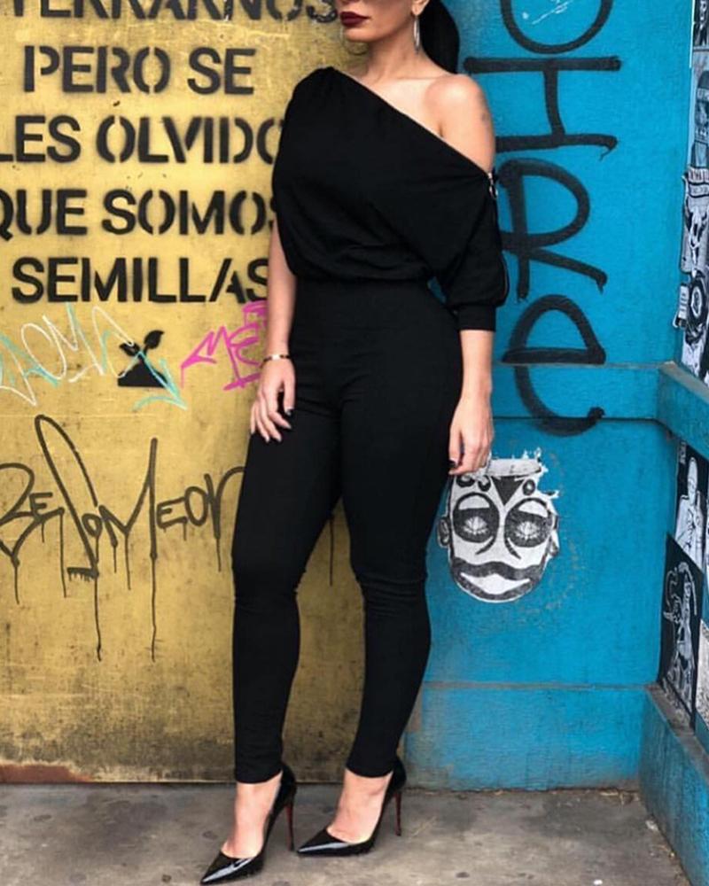

Summer Solid Color One Shoulder Jumpsuits, Black