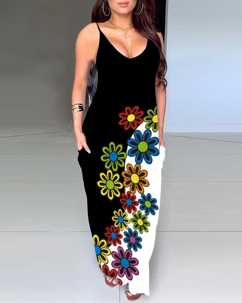 

Multicolor Lip & Letter Print Splicing Ink Splash Sling Maxi Dress, Style2