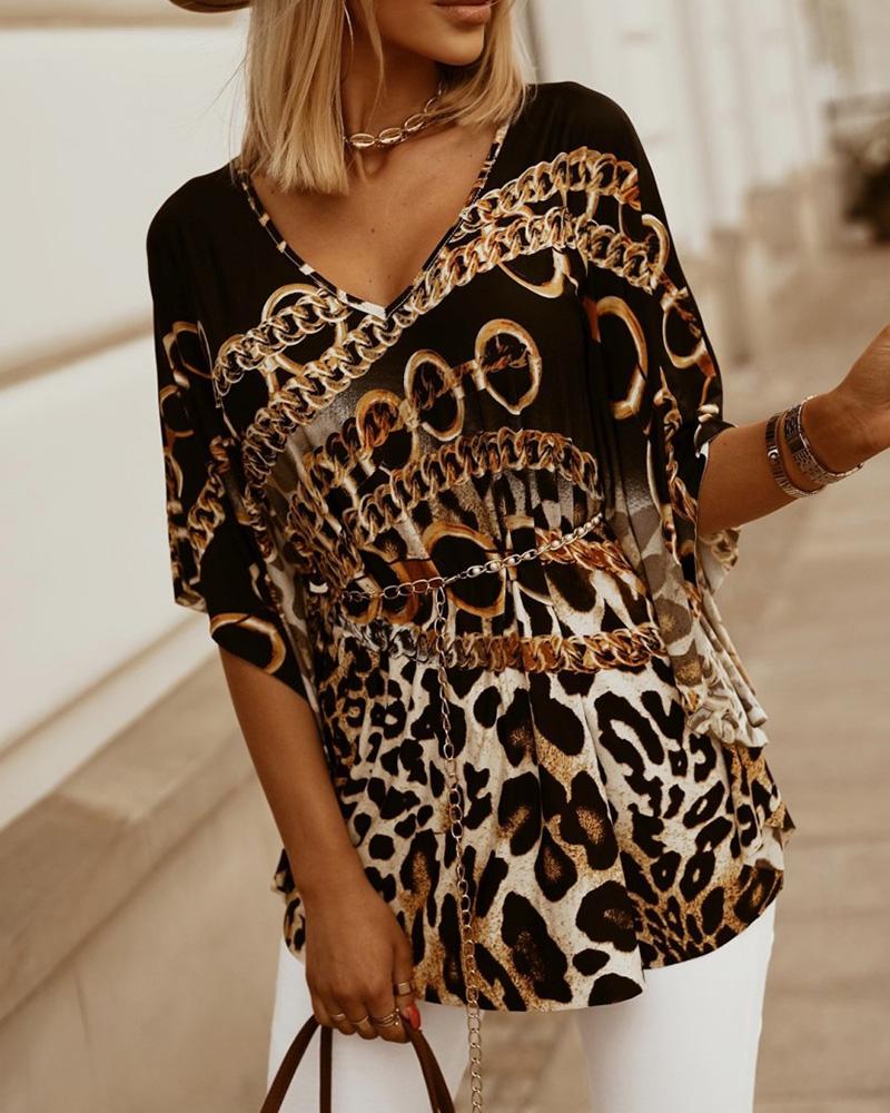 

Chain Leopard Print Half Sleeve Top, Black