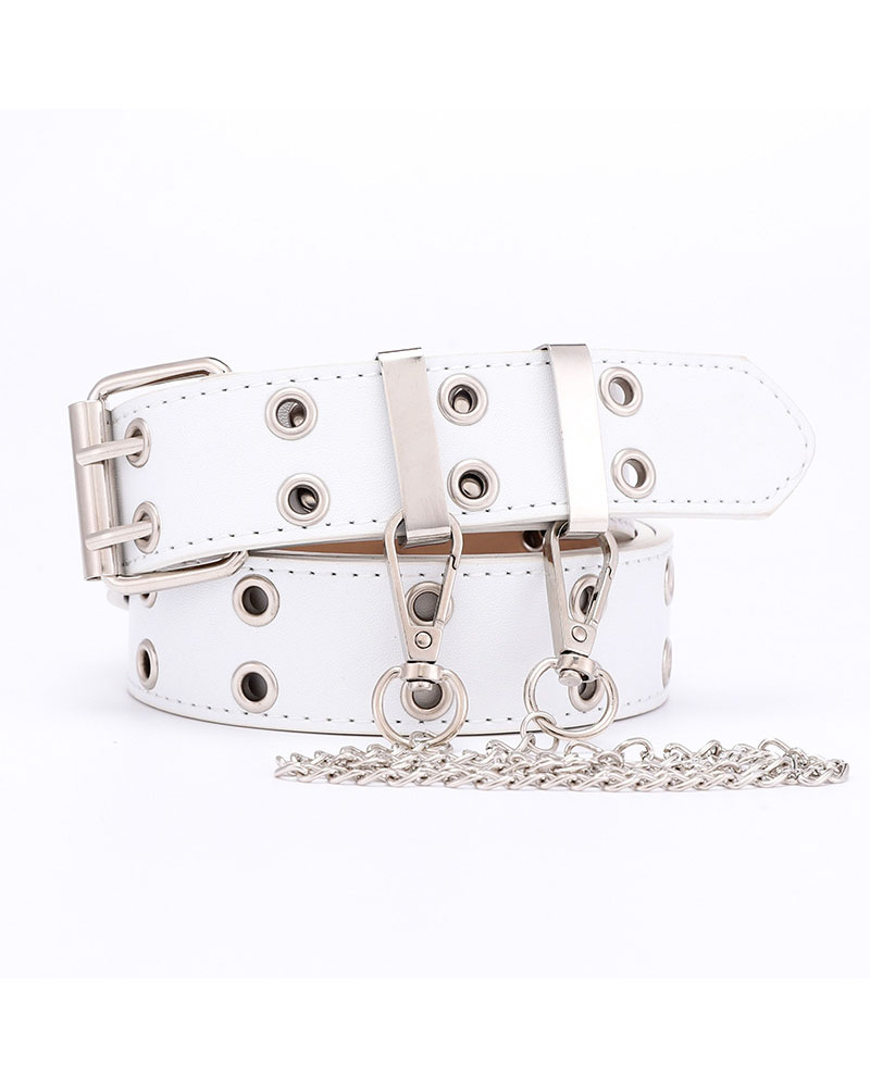 

1pc Hip Hop Punk Eyelet PU Leather Belt With Chain, White