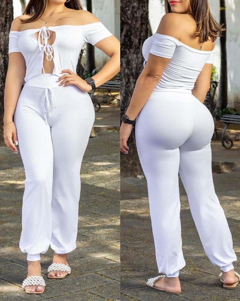 

Off Shoulder Plain Cutout Top & Pants Set, White