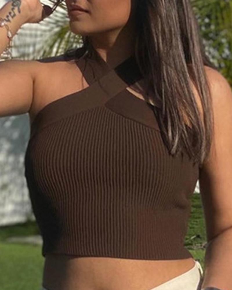

Cross Halter Sleeveless Tank Top, Brown