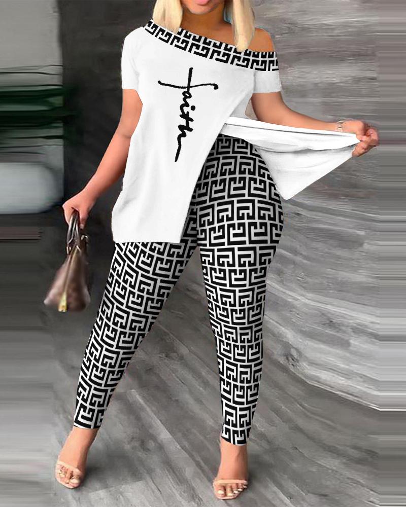 

Plus Size Faith Geometric Print Split Hem Top & Pants Set, Blackwhite