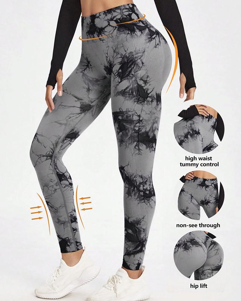 

Tie Dye Print High Wasit Active Pants Sports Yoga Leggings, Gray