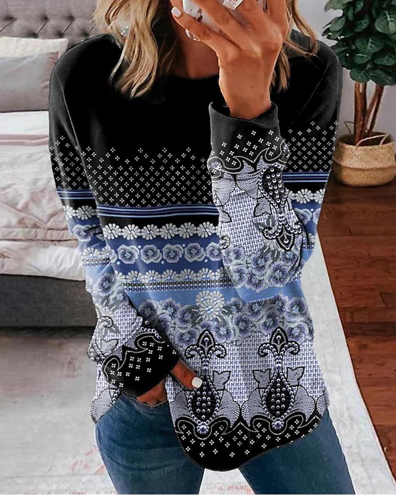 

Tribal Print Long Sleeve Casual Top, Blue